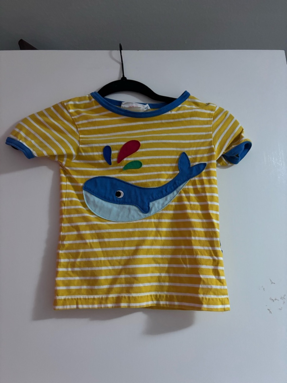 Kids Yellow Striped Whale Appliqué Tee - Blue Trim